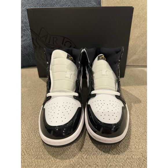 Sz 10 - Jordan 1 Mid Patent Black White Gold - Picture 2 of 7
